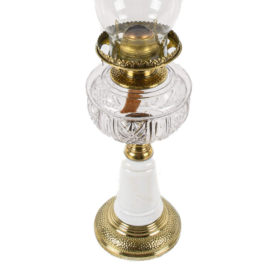Antique Victorian Milk Glass, Crystal, and Brass Oil Lamp-4