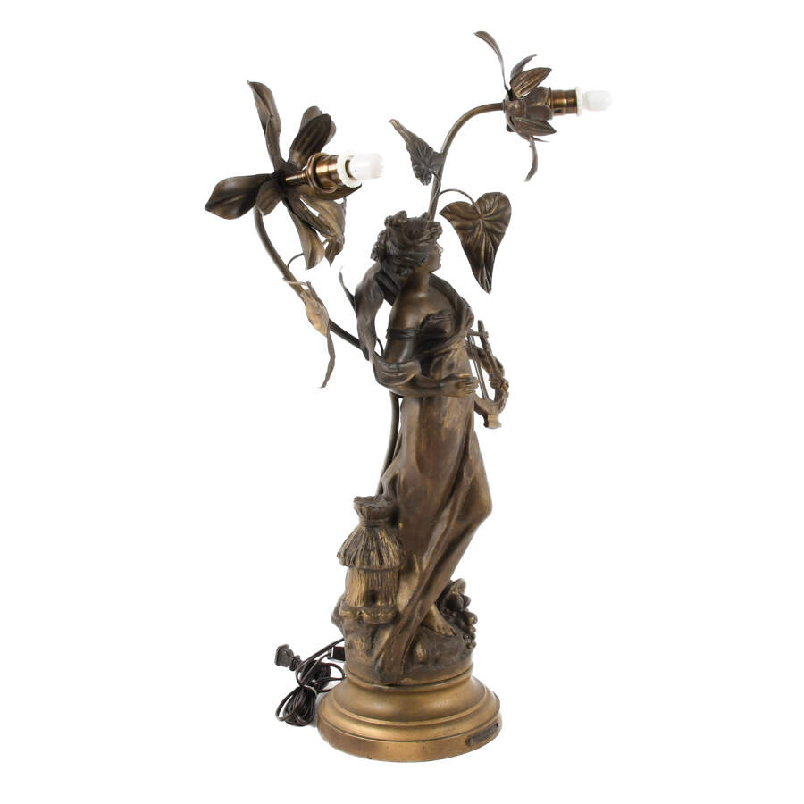 Antique Spelter After Louis Moreau Erato "Muse Champetre" Newel Post Lamp-8