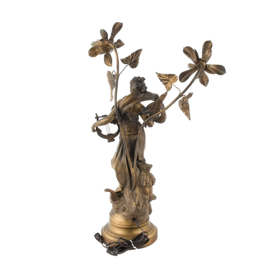 Antique Spelter After Louis Moreau Erato "Muse Champetre" Newel Post Lamp-7