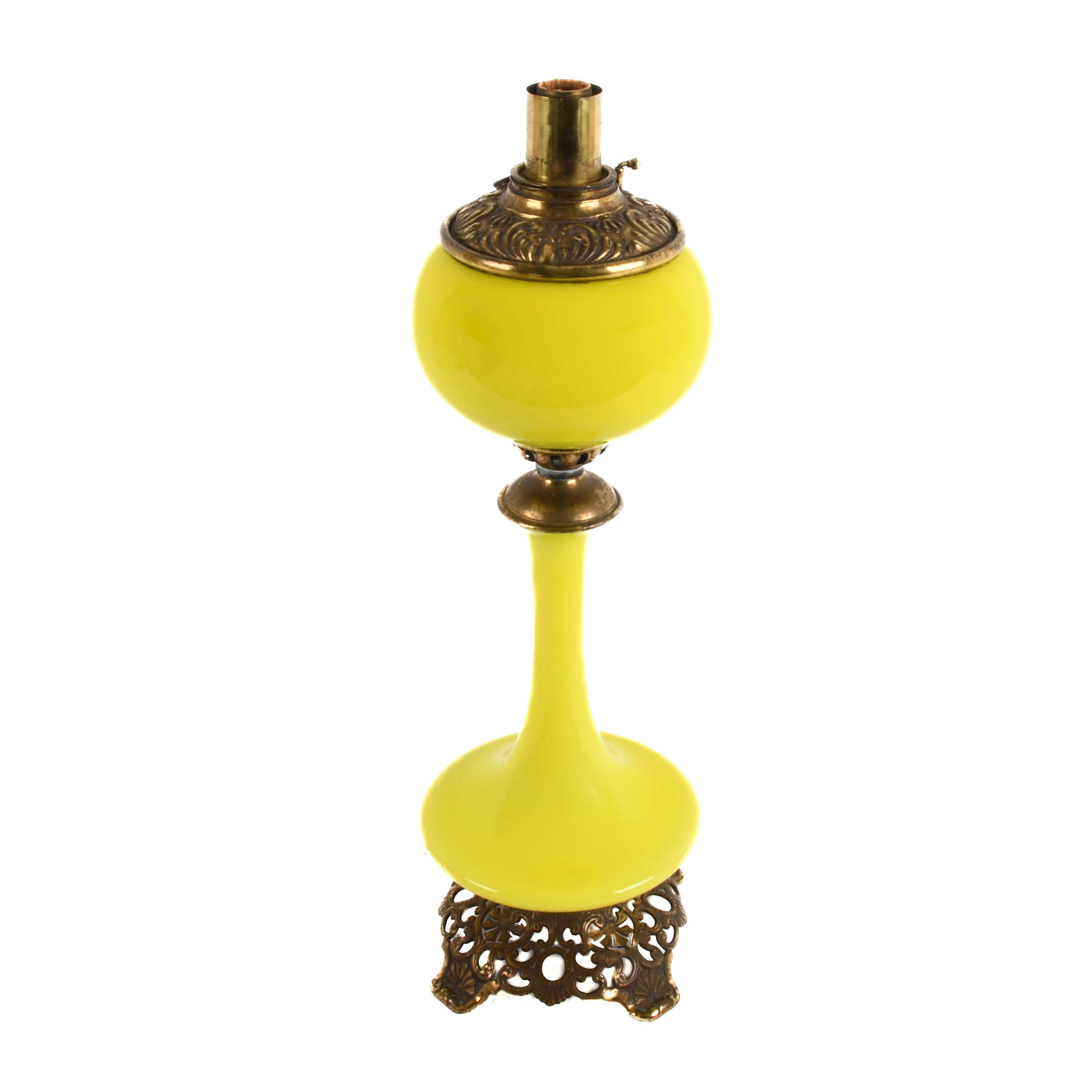 Antique Chartreuse Cased Glass Genie Converted Oil Lamp-4