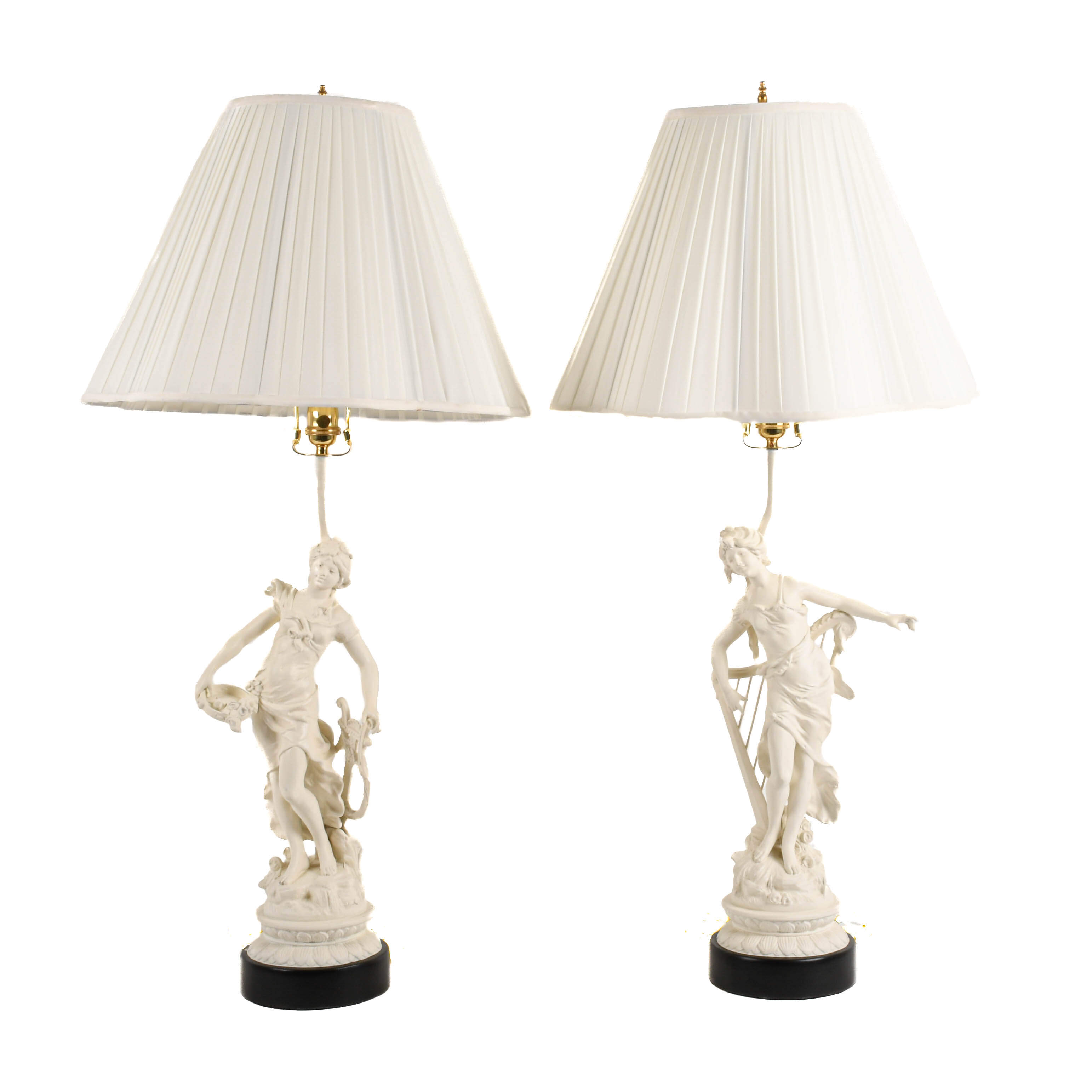 Pair of French Spelter Muse Statue Table Lamps After Moreau-1