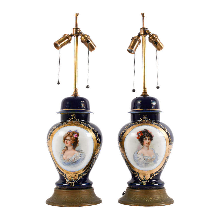 Pair of Art Deco Portrait Lamps on Wood Bases-2