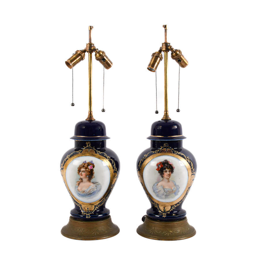 Pair of Art Deco Portrait Lamps on Wood Bases-1
