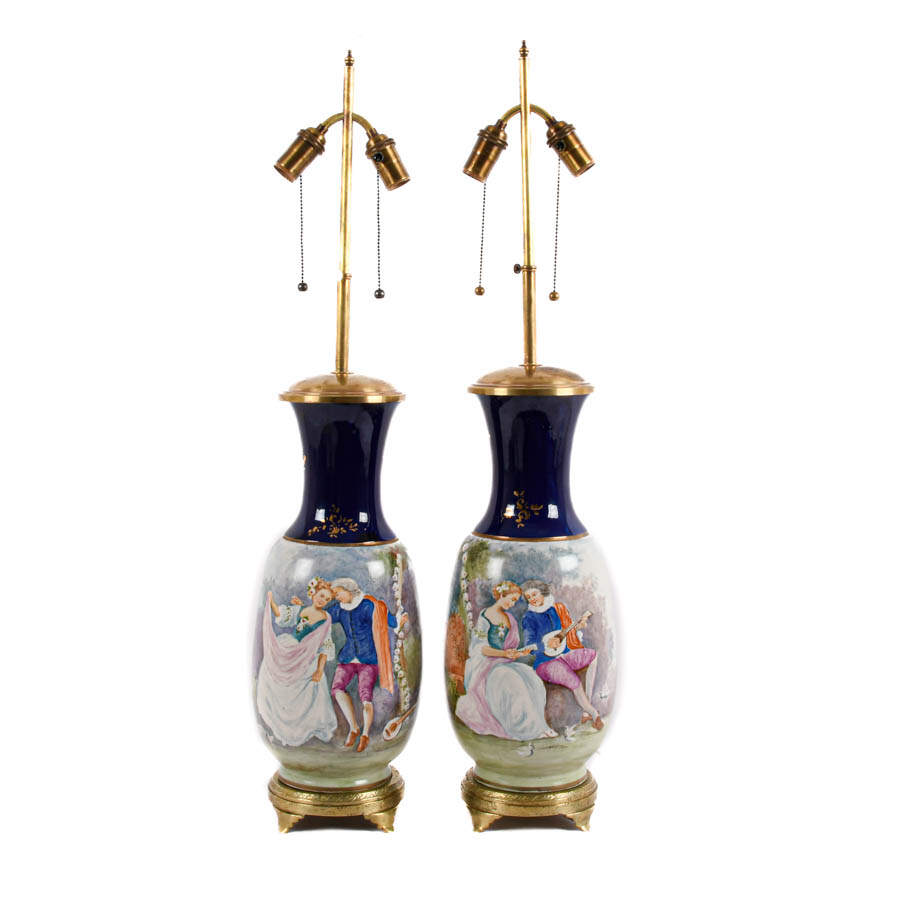 Antique Sèvres Pair of Porcelain Courting Couple Table Lamps-1
