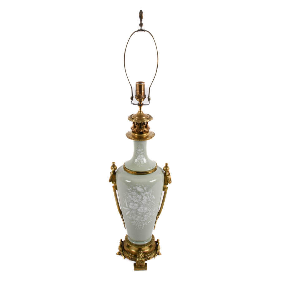 Antique French Celadon Pâte-Sur-Pâte and Bronze Ormolu Table Lamp-3