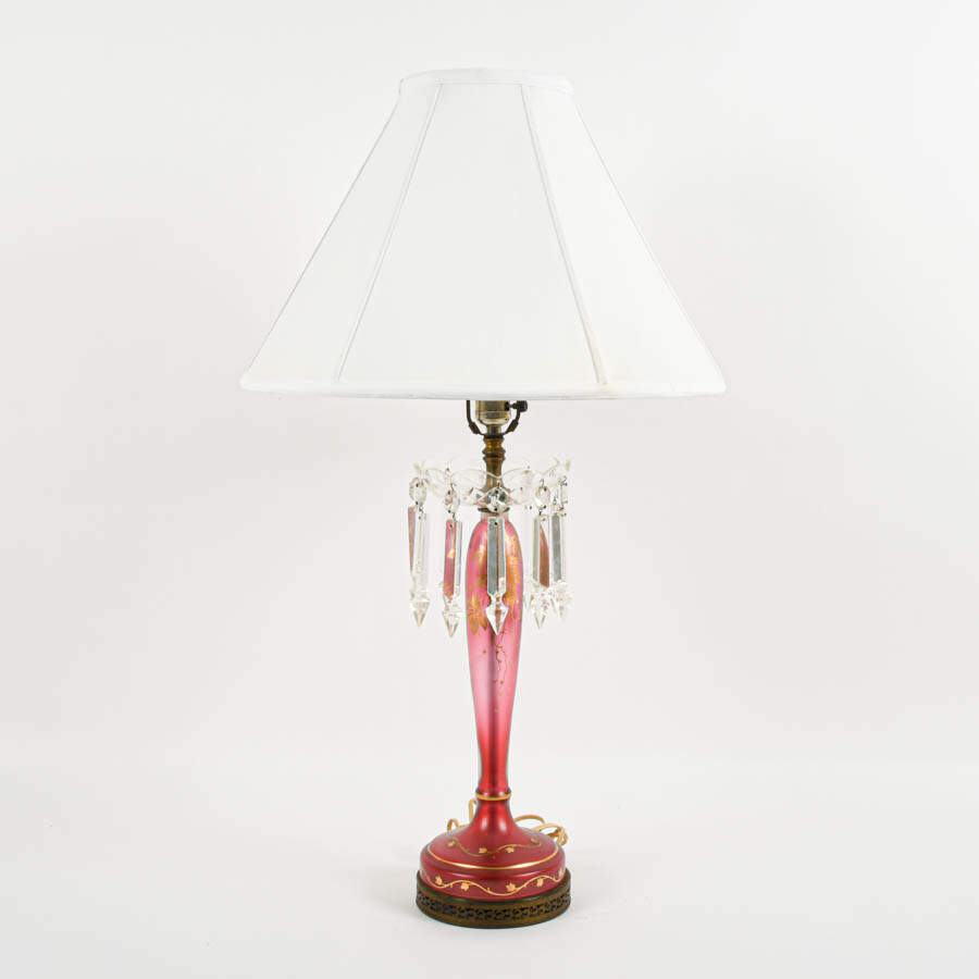 Cranberry Art Glass Lamp with Crystal Bobeche-1