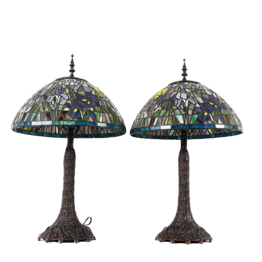 Pair Stained-Glass Symphony Lamps Painted Bronze-4