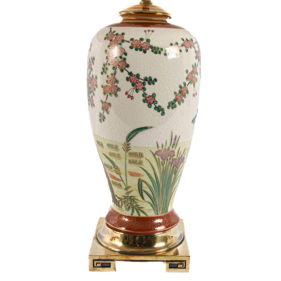 Hand-Painted Chinoiserie Peacock and Cherry Blossom Lamp-5