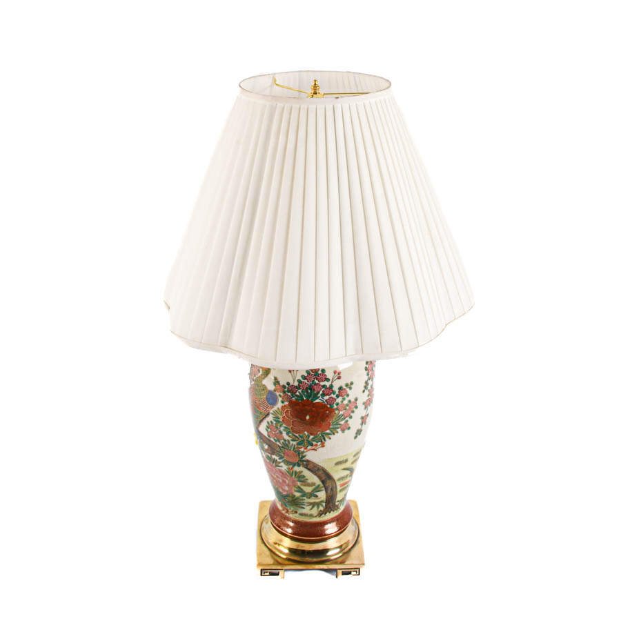 Hand-Painted Chinoiserie Peacock and Cherry Blossom Lamp-3