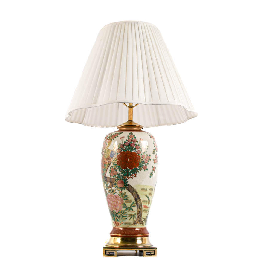 Hand-Painted Chinoiserie Peacock and Cherry Blossom Lamp-2