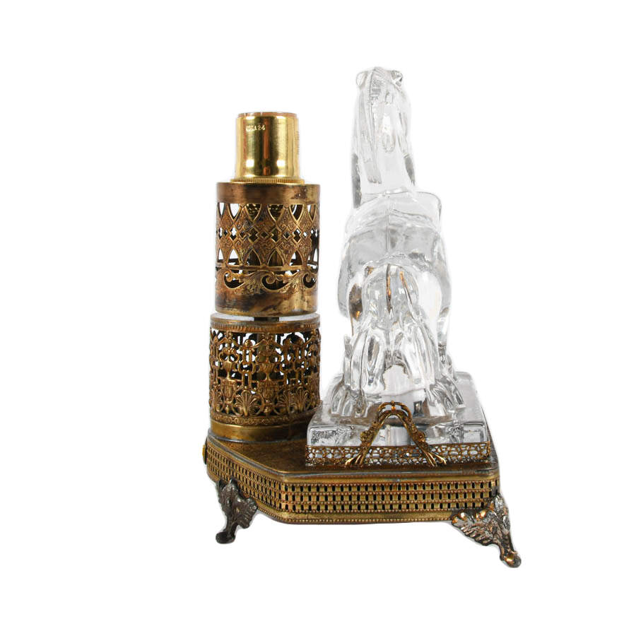 Glass Rearing Horse on Filigree Brass Table Lamp-4