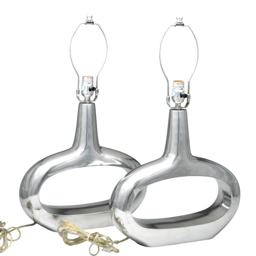 Pair of Aluminum Mid-Century Modern Style Oval Table Lamps-1