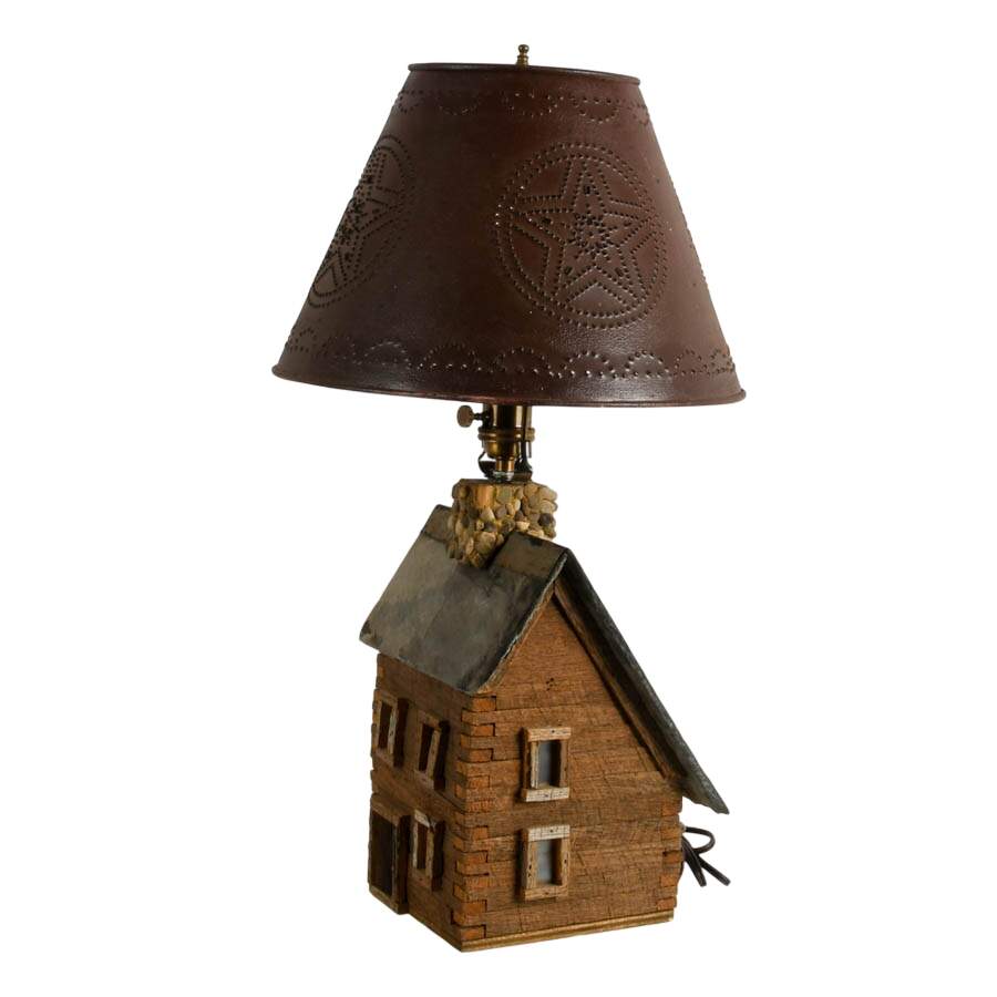 Hand-Crafted Folk Art Cabin Table Lamp with Pierced Metal Shade-4