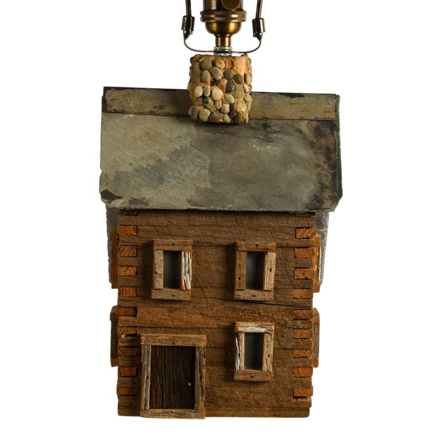 Hand-Crafted Folk Art Cabin Table Lamp with Pierced Metal Shade-2