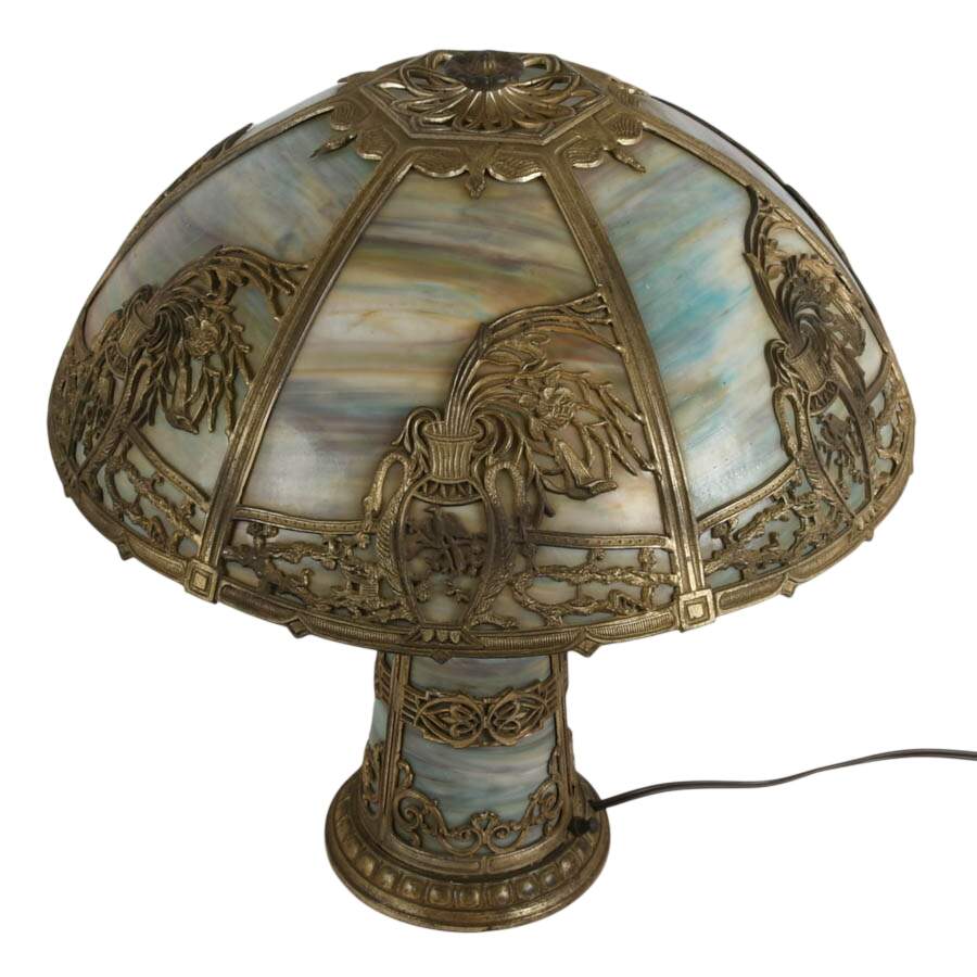 Antique Bradley & Hubbard School Lighted Base Slag Glass Table Lamp-3