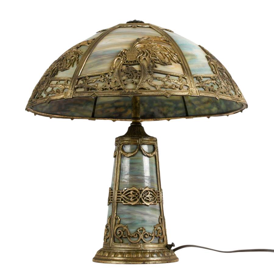 Antique Bradley & Hubbard School Lighted Base Slag Glass Table Lamp-2