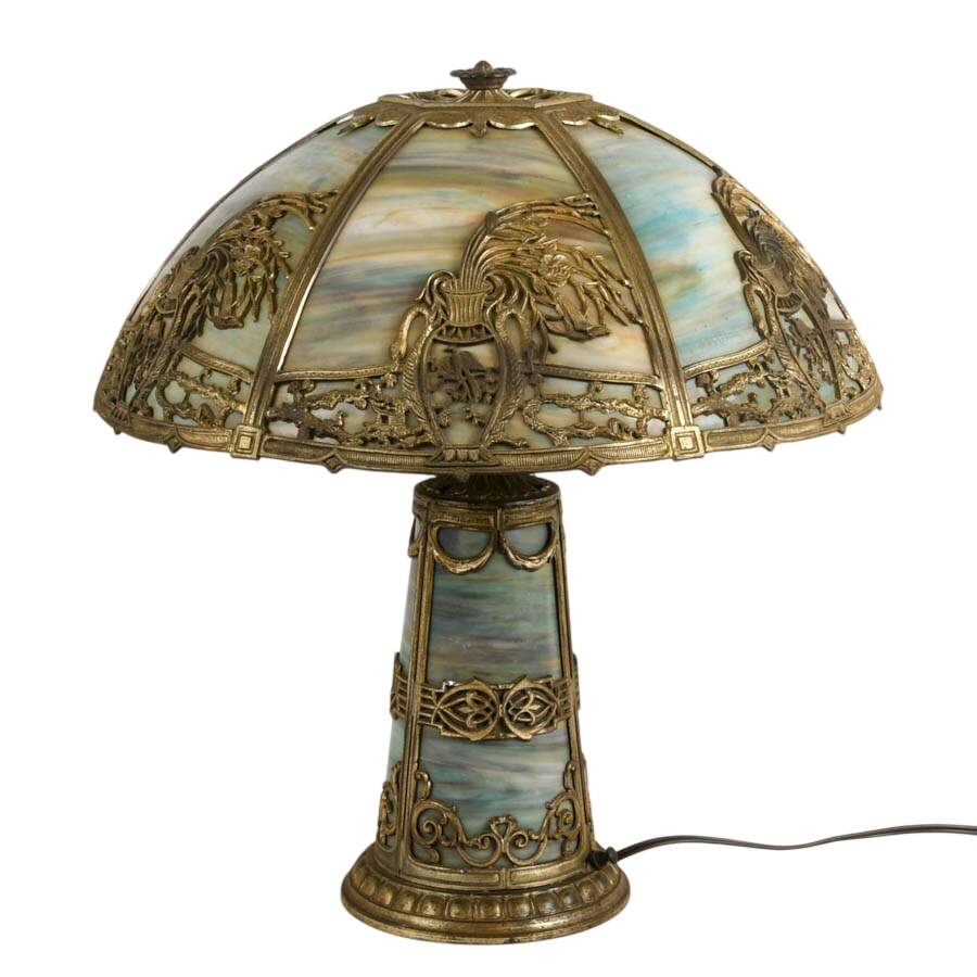 Antique Bradley & Hubbard School Lighted Base Slag Glass Table Lamp-1