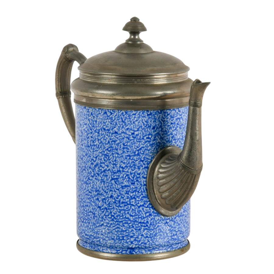 Blue and White Enameled Graniteware and Pewter Coffee Pot-2