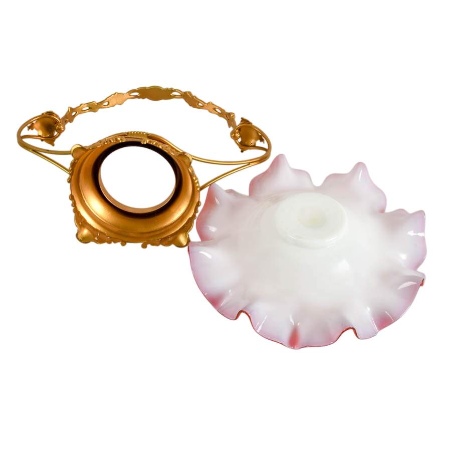 Ruffled Cranberry to White Cased Glass Gilt Handled Bride's Basket-8