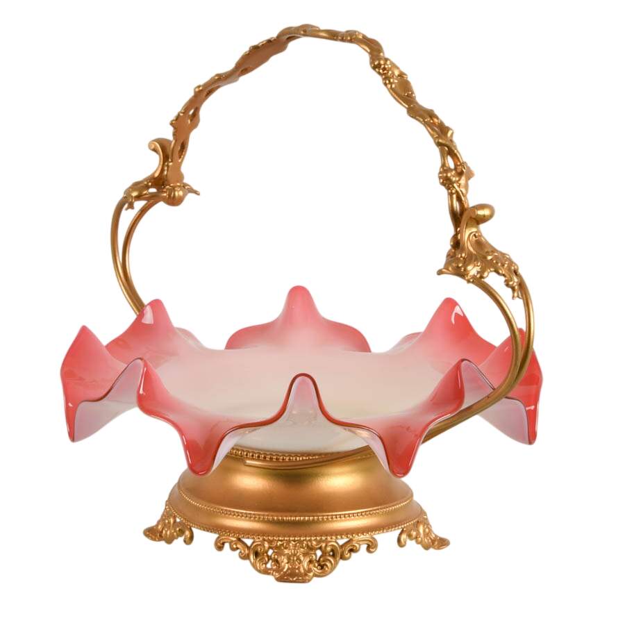 Ruffled Cranberry to White Cased Glass Gilt Handled Bride's Basket-3