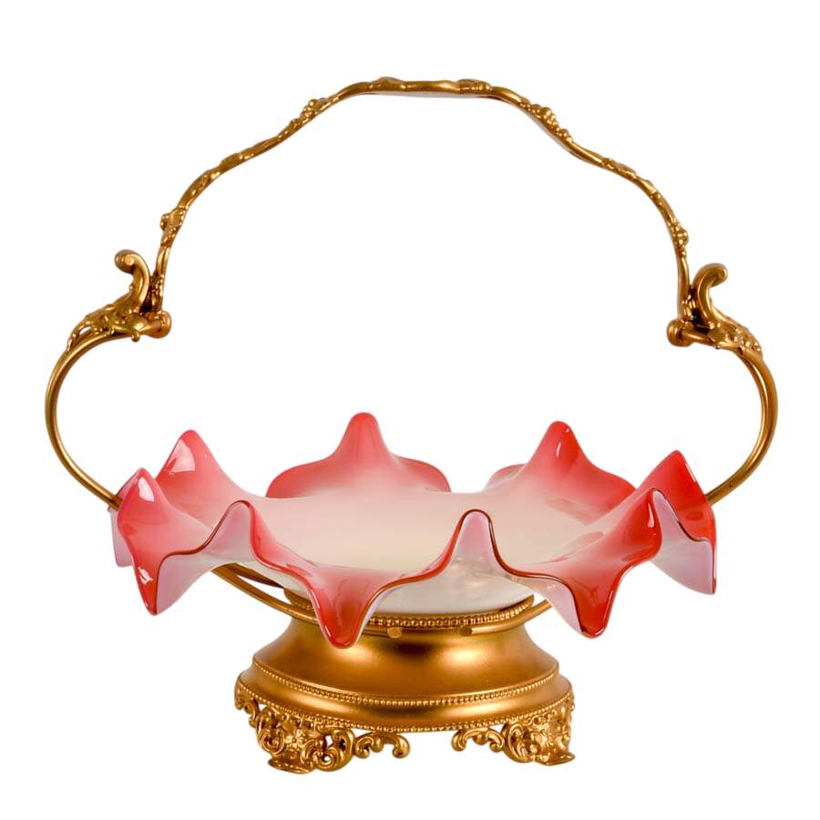 Ruffled Cranberry to White Cased Glass Gilt Handled Bride's Basket-1