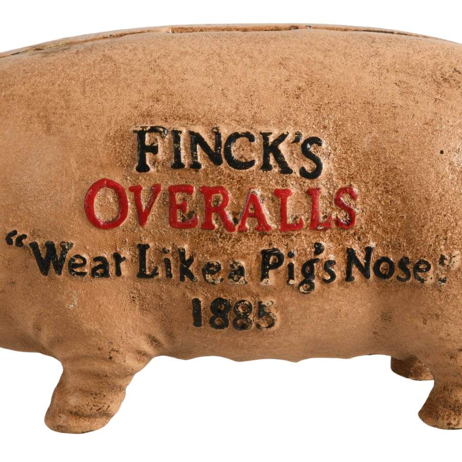 Reproduction Finck's Overalls Cast Iron Piggy Bank-2