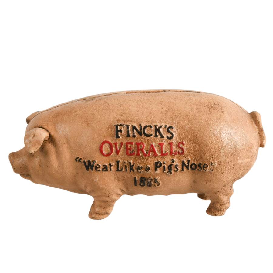 Reproduction Finck's Overalls Cast Iron Piggy Bank-1