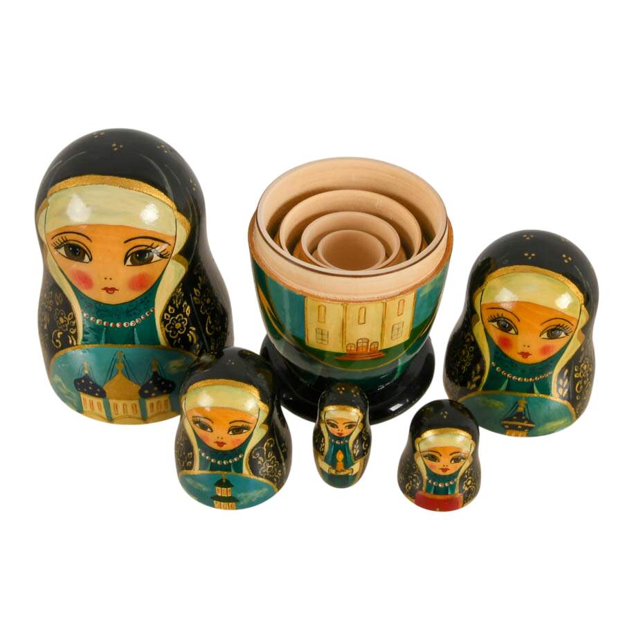 Hand-Painted Russian Nesting Doll Depicting a Religious Affair-6