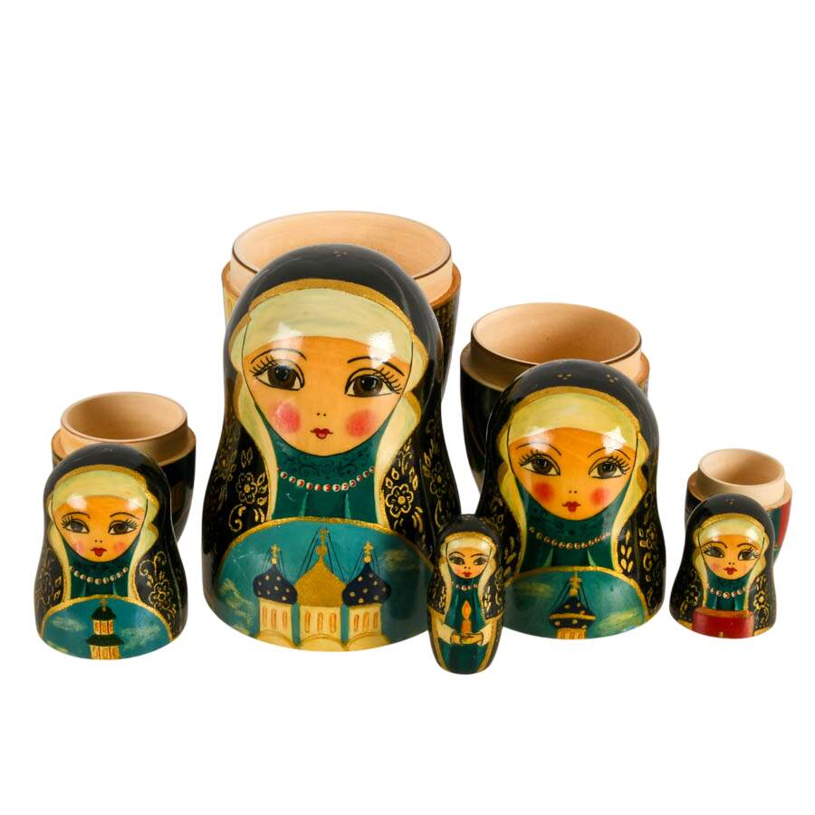 Hand-Painted Russian Nesting Doll Depicting a Religious Affair-5