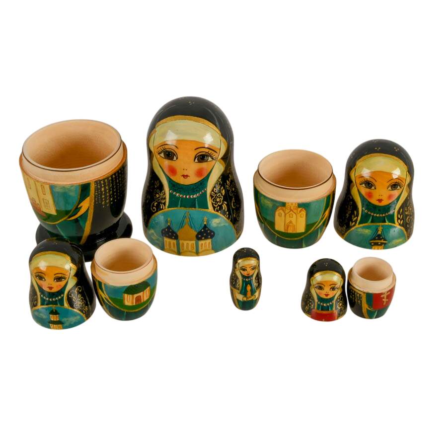 Hand-Painted Russian Nesting Doll Depicting a Religious Affair-4
