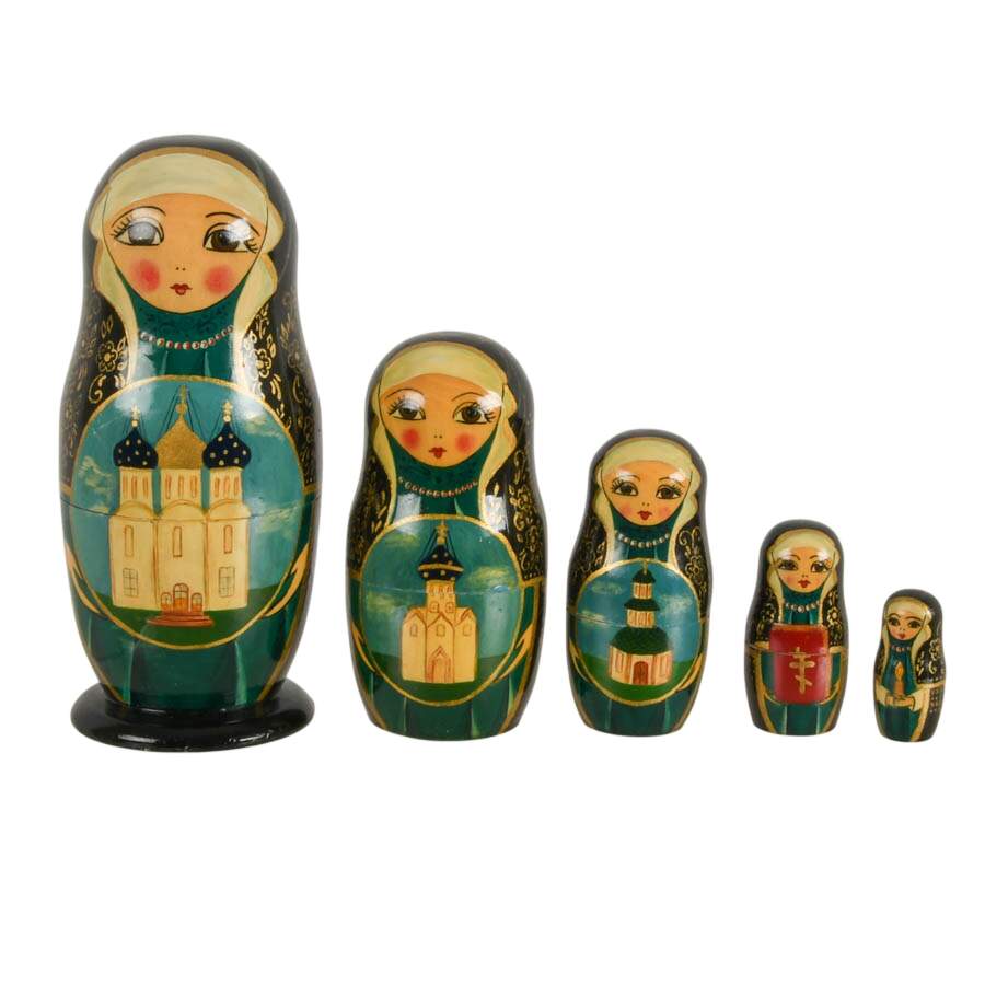 Hand-Painted Russian Nesting Doll Depicting a Religious Affair-3
