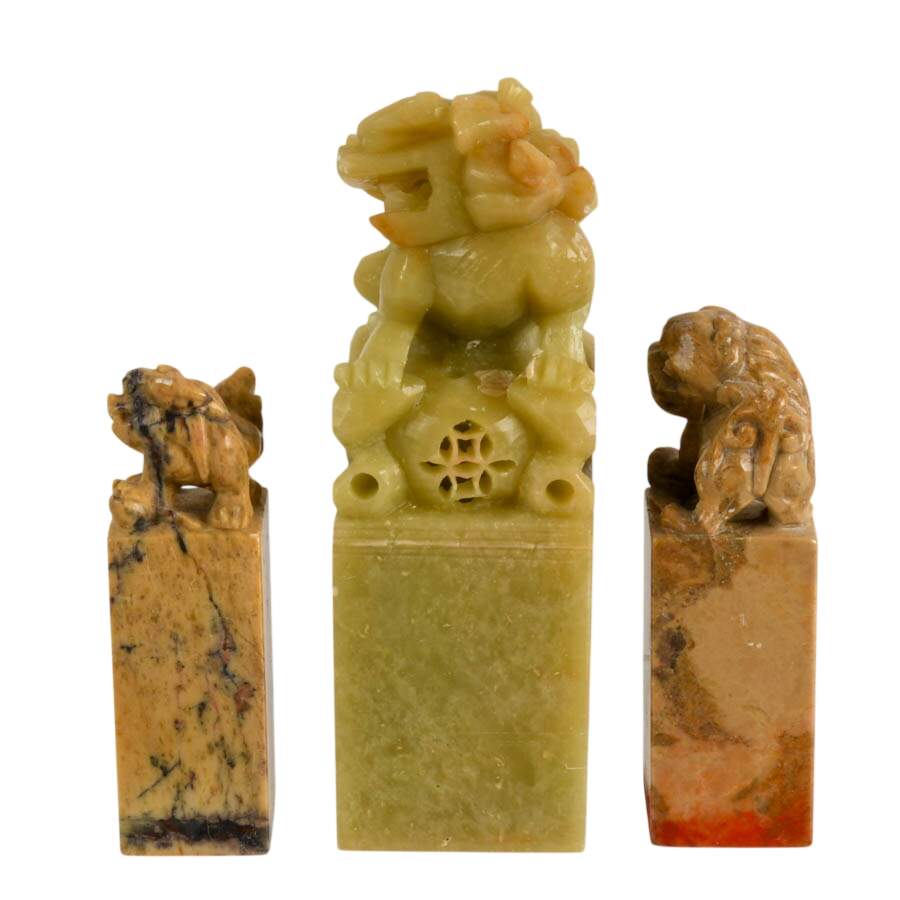 Trio of Chinese Imperial Lions Carved Soapstone Seals-2
