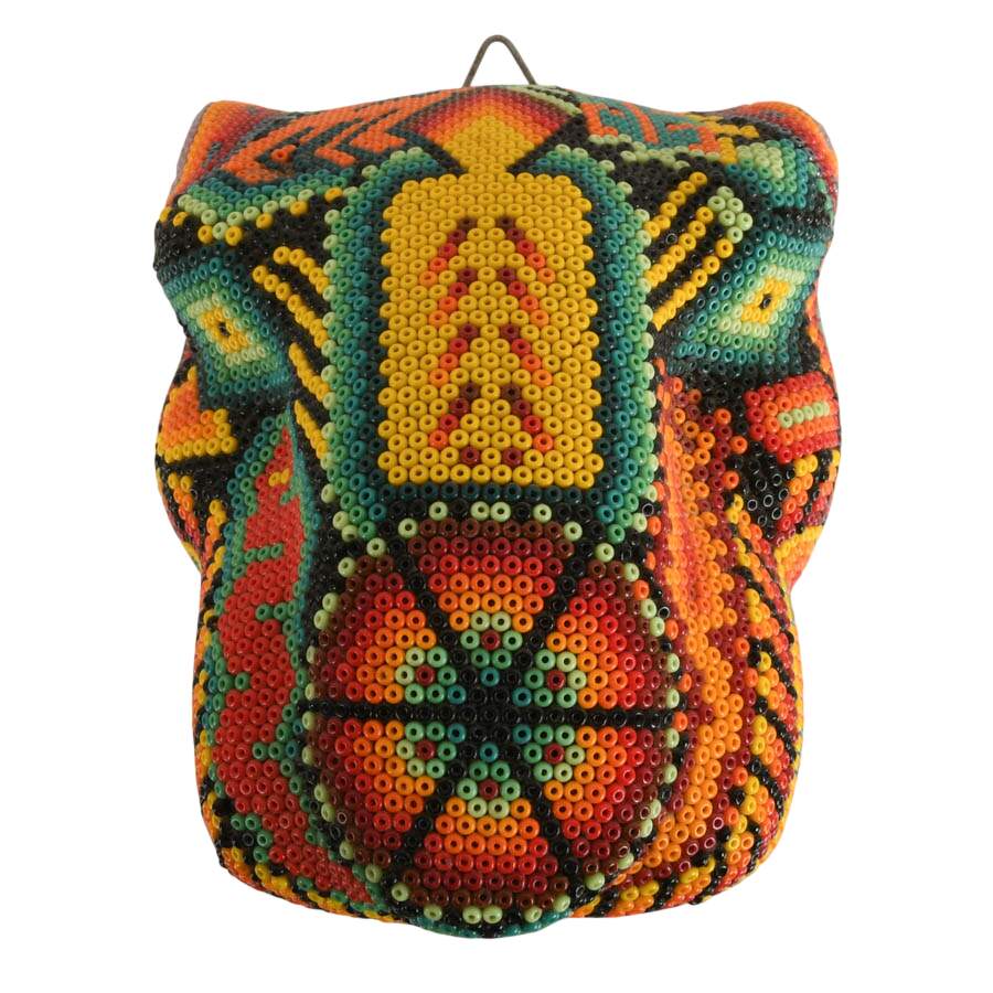 Hand-Made Huichol Beaded Mexican Folk-Art Jaguar Head-1