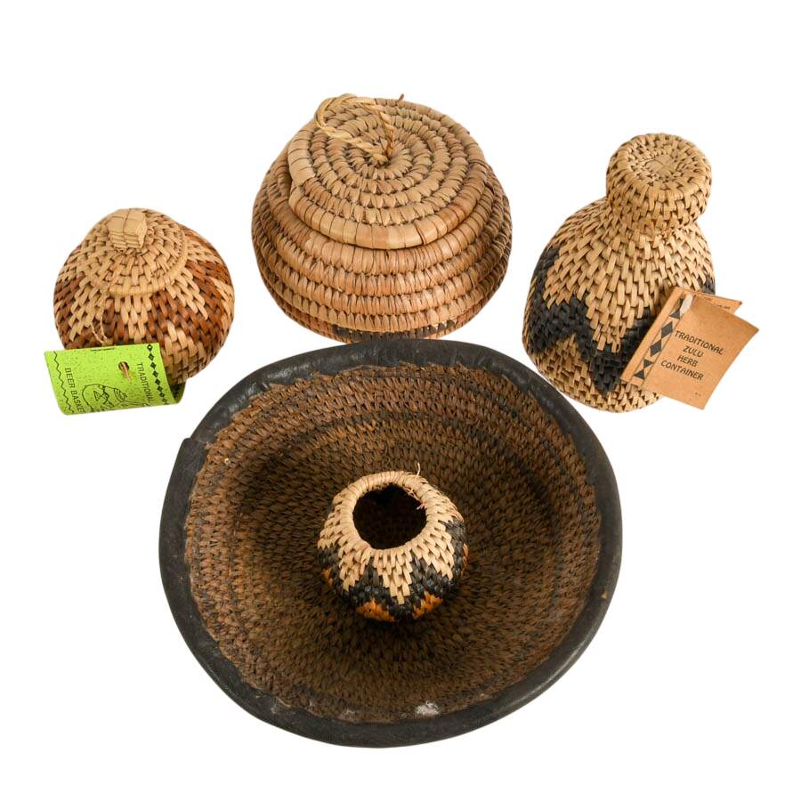 Grouping of Five Hand-Made Zulu Herb Containers and Bowls-2