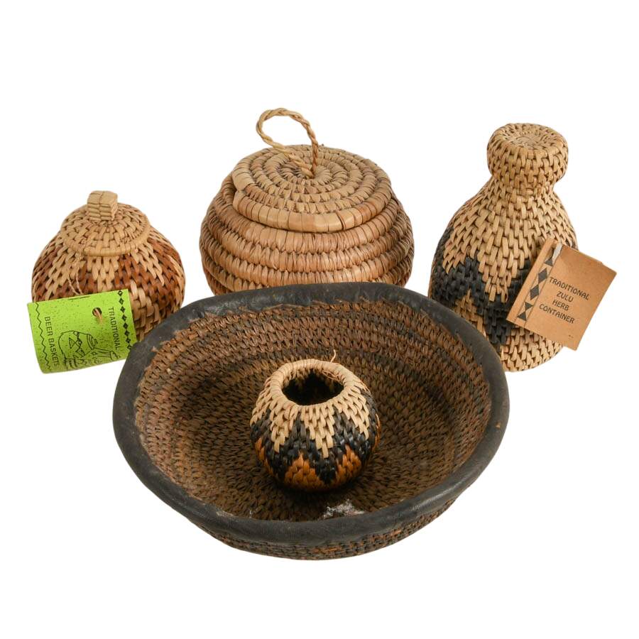 Grouping of Five Hand-Made Zulu Herb Containers and Bowls-1