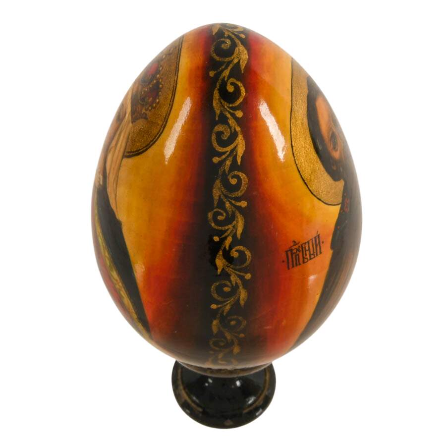 Hand-Painted Signed Russian Orthodox Theotokos and St. Sergius Egg-3