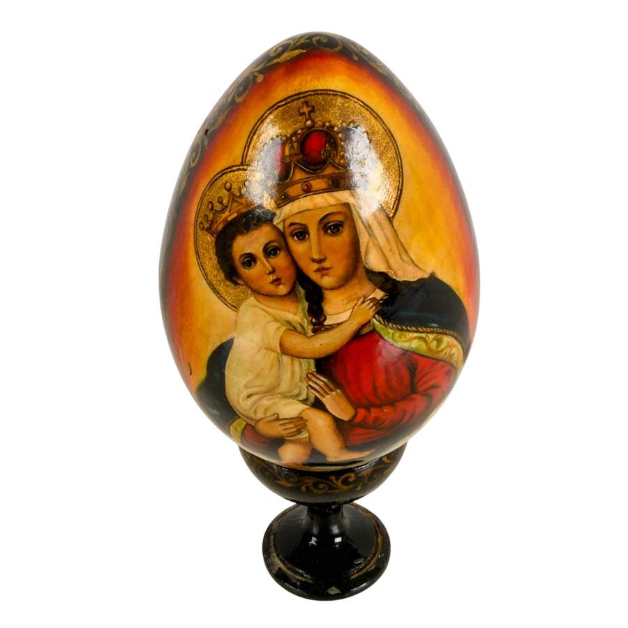 Hand-Painted Signed Russian Orthodox Theotokos and St. Sergius Egg-1