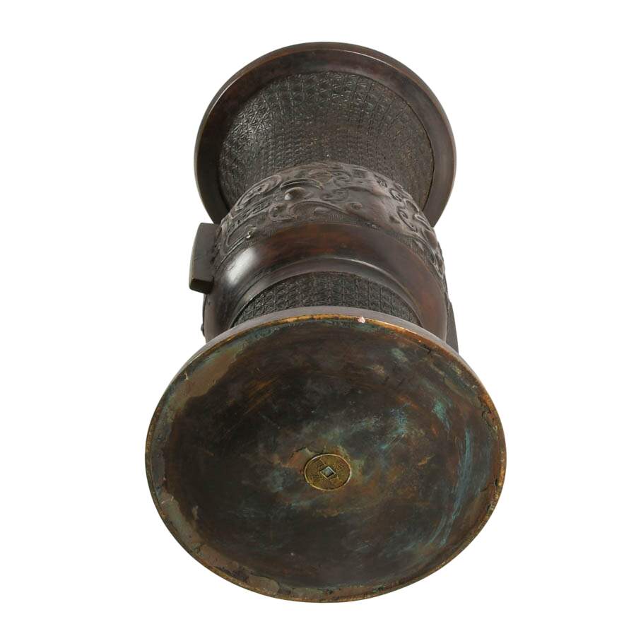 Antique-Style Chinese Bronze Beaker Gu Vase with Qianlong Cash Coin Base-8