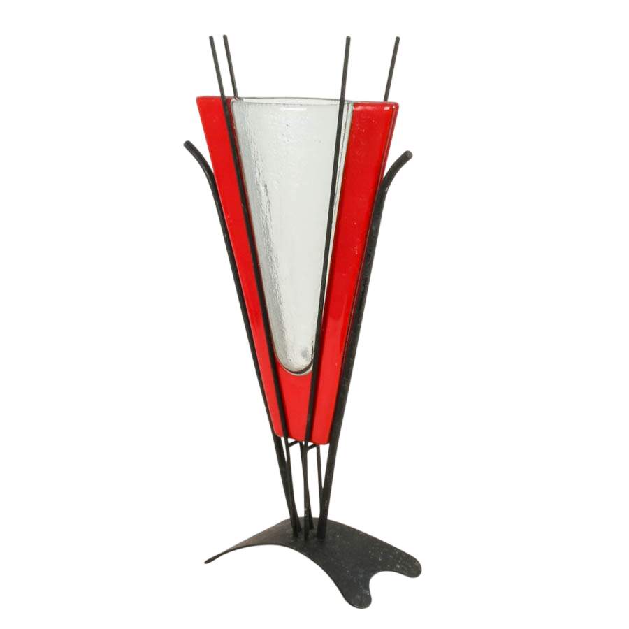Postmodern Red Glass and Metal Pedestal Vase-2
