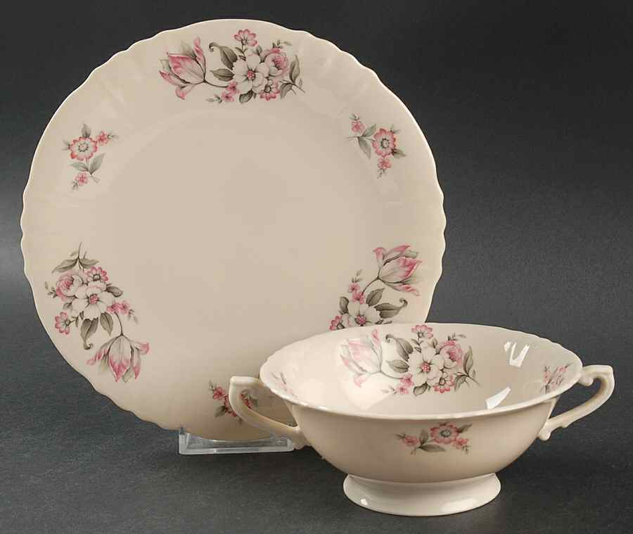 Moss Rose (Scalloped, No Trim) Footed Cream Soup Bowl & Saucer Set by Aberdeen-1
