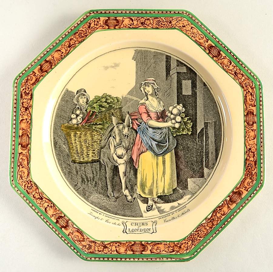 Cries of London (Green & Brown rim) Octagonal Luncheon Plate by Adams China-1