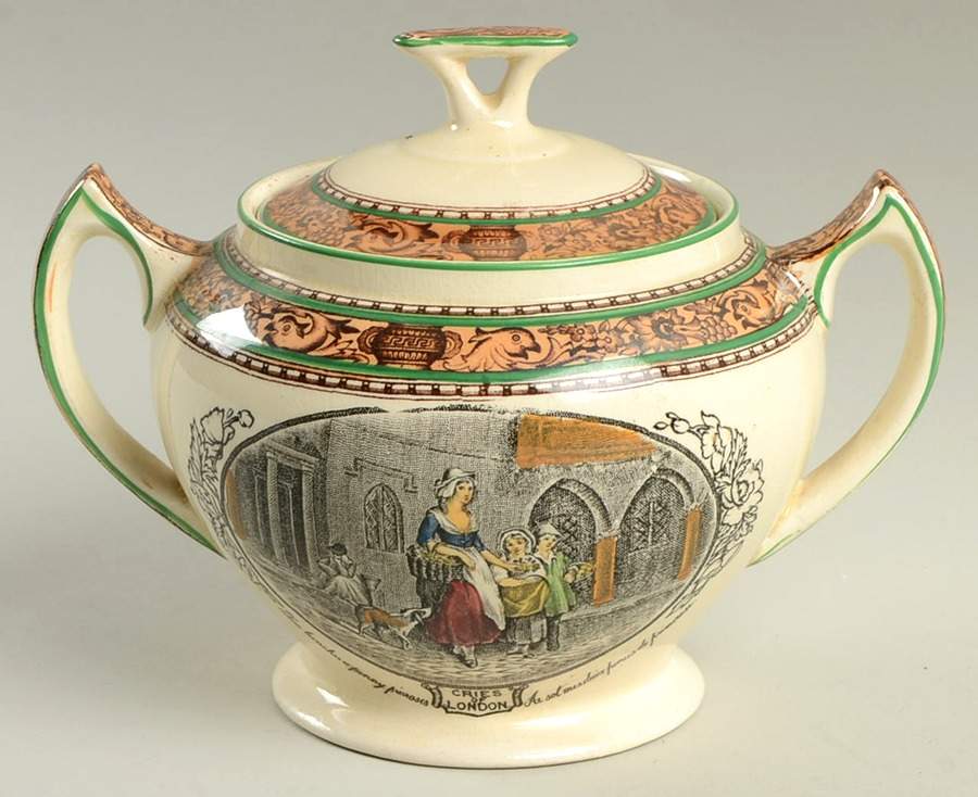 Cries of London (Green & Brown rim) Sugar Bowl & Lid by Adams China-1