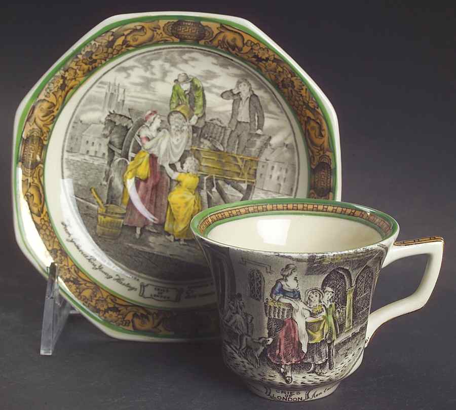 Cries of London (Green & Brown rim) Flat Demitasse Cup & Saucer Set by Adams China-1
