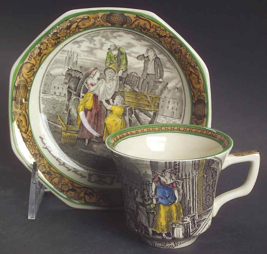Cries of London (Green & Brown rim) Flat Demitasse Cup & Saucer Set by Adams China-1
