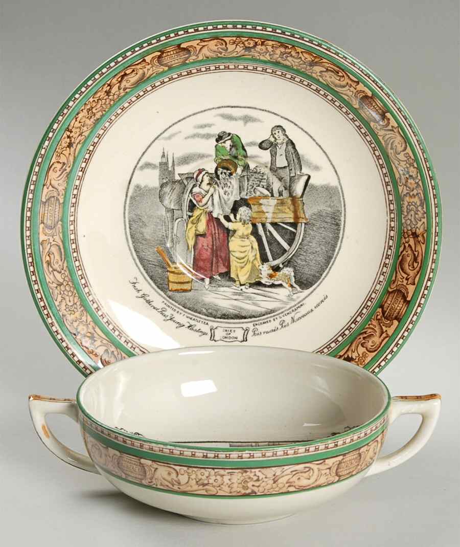 Cries of London (Green & Brown rim) Flat Cream Soup Bowl & Saucer Set by Adams China-1