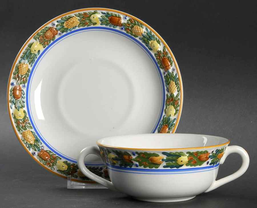 Della Robia Multicolor on White Flat Cream Soup Bowl & Saucer Set by Adams China-1