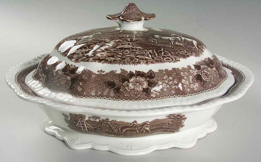 English Scenic Brown (Scalloped) Oval Covered Vegetable by Adams China-1