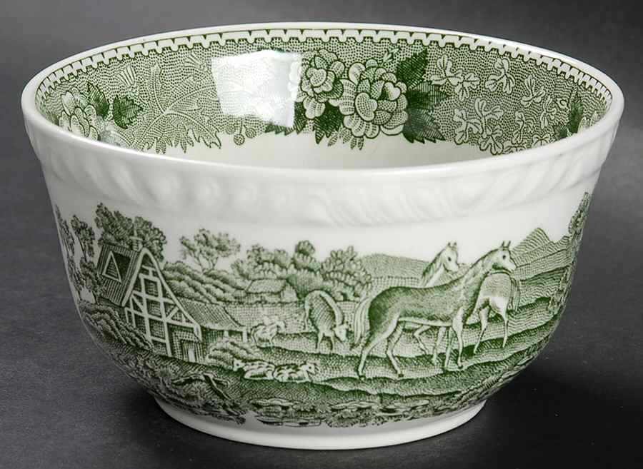 English Scenic Green (Scalloped) Cranberry Bowl by Adams China-1