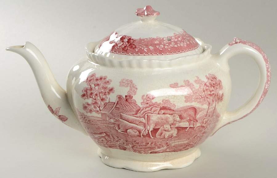 English Scenic Pink (Older-Cream) Teapot & Lid by Adams China-1