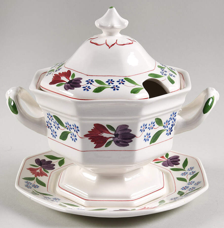 Old Colonial (Older Backstamp) Sauce Boat & Lid with Underplate by Adams China-1
